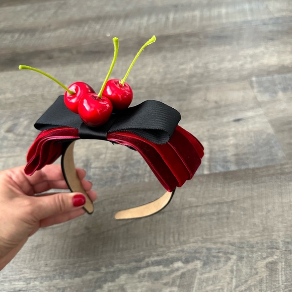 Handmade Designer Fascinator Headband Cherries Red Black Velvet Bow - Picture 8 of 15